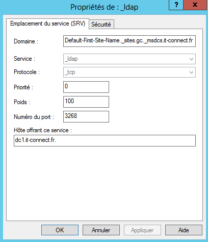 Exemple des propriétés d'un enregistrement DNS