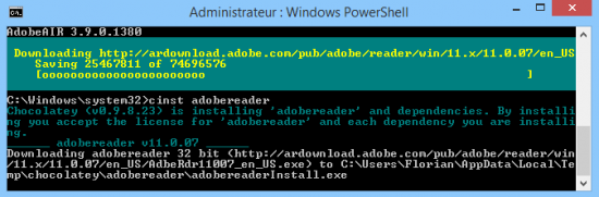 Dans la console, on peut suivre l'avancement du téléchargement du paquet
