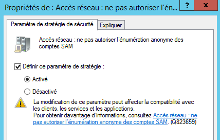 Network access: Do not allow anonymous enumeration of SAM accounts anonyme2
