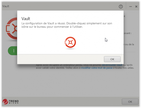 Finalisation de la création de l'espace sécurisé Vault trend micro maximum security vault