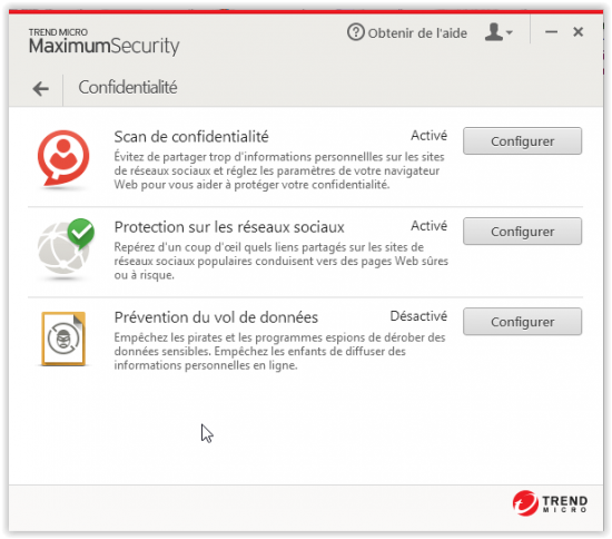 Fonctionnalités portant sur la confidentialité dans TMMS trend micro maximum security
