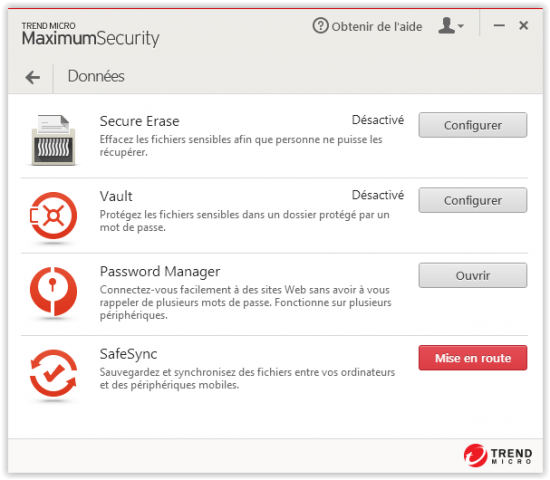 Fonctionnalités en rapport avec les protections des données dans Trend Micro MS trend micro maximum security