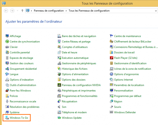 Windows To Go dans Panneau de configuration wtg1