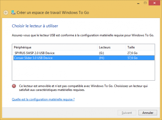 Exemple d'incompatibilité Windows To Go wtg2