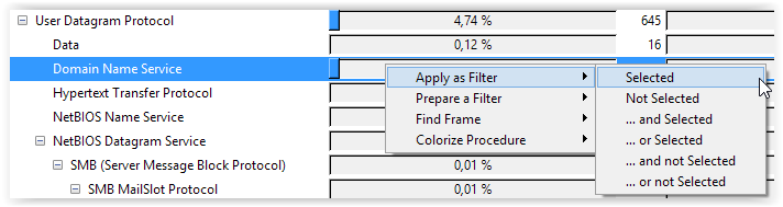 Application d'un filtre Wireshark à partir de la hiérarchie des protocoles hierarchie-wireshark