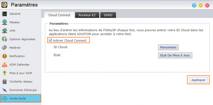 Activer Cloud Connect sur l'OS Asustor