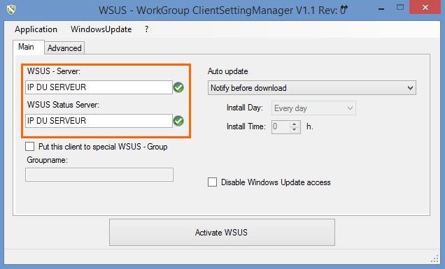 Définir l'adresse IP du serveur dans le WSUS Client