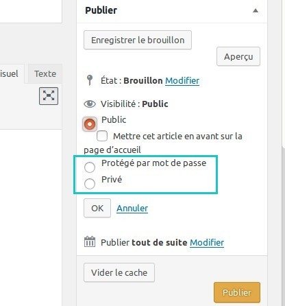 Différents choix de visibilité d'un article ou d'une page sous WordPress