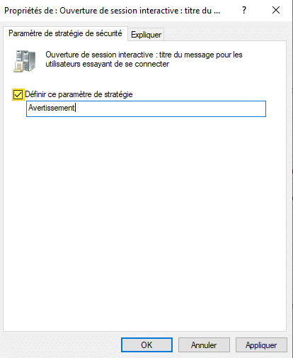 Ouverture de session interactive : titre du message pour les utilisateurs essayant de se connecter.