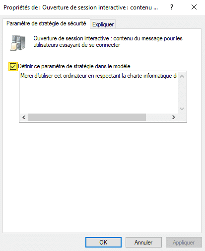 Ouverture de session interactive : contenu du message pour les utilisateurs essayant de se connecter.