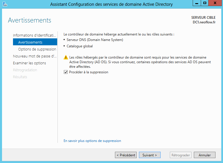 Rétrograder un contrôleur de domaine Windows Server 2012 Active