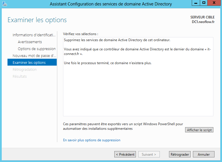 Rétrograder un contrôleur de domaine Windows Server 2012 Active
