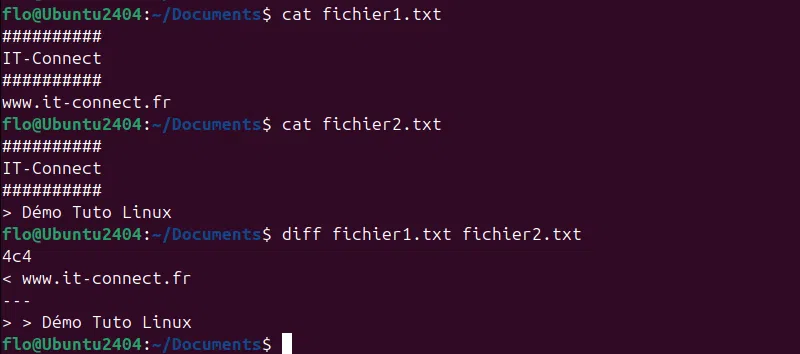 Exemple utilisation commande diff sur Linux