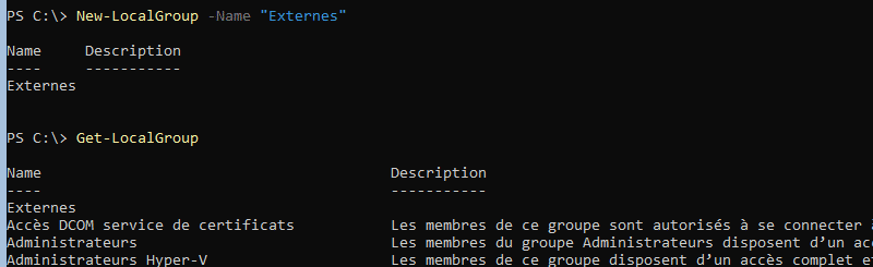 Exemple - Création d'un groupe en PowerShell avec New-LocalGroup
