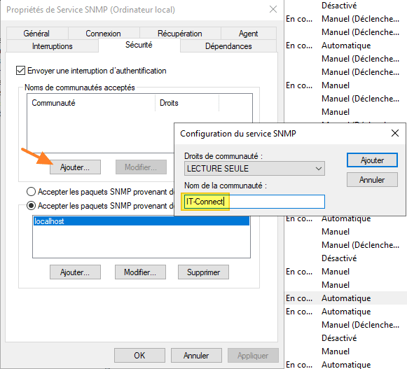 Configurer une communauté SNMP sous Windows