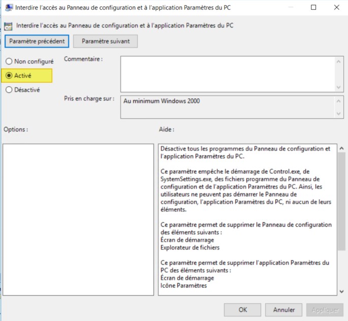 GPO Empêcher l’accès au Panneau de configuration / Paramètres IT