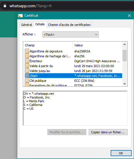 Indication de l'organisation propriétaire du domaine whatsapp.com
