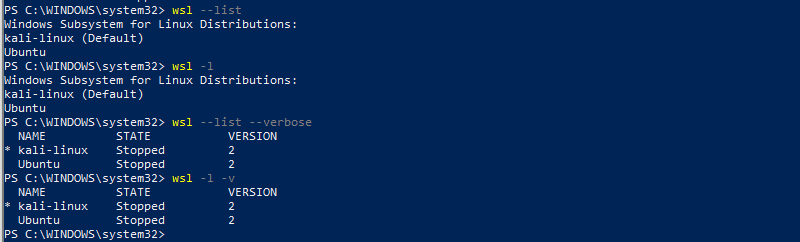 wsl --list --verbose