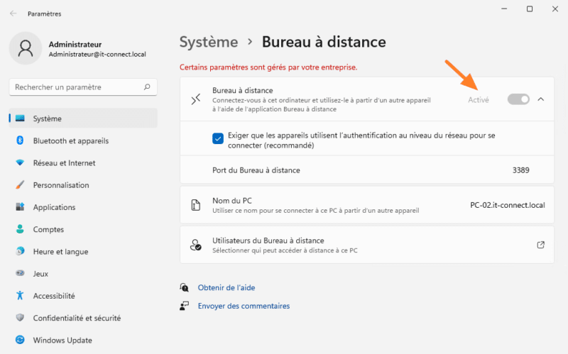 L'état du Bureau à distance dans Windows 11