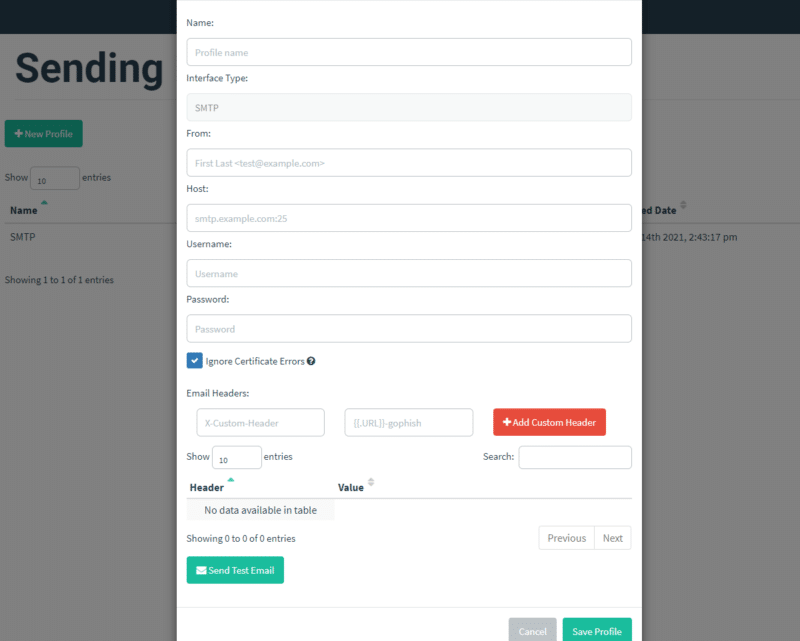 Gophish et la configuration du SMTP