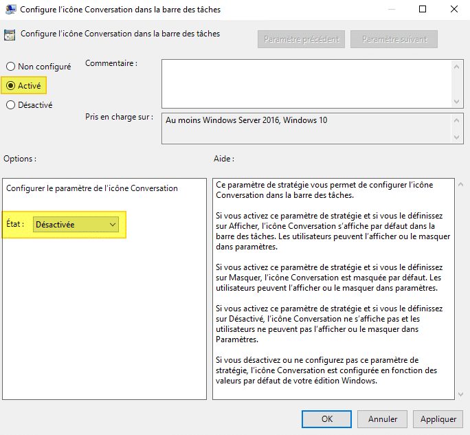 Le paramètre "Configure l'icône Conversation dans la barre des tâches"