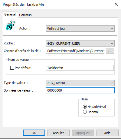 Valeur de Registre "TaskbarMn" de Windows 11