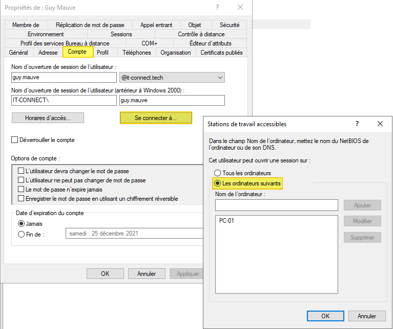 Active Directory - Option "Se connecter à"