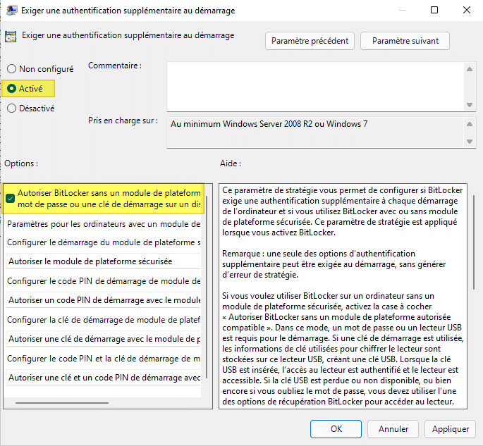 BitLocker - Exiger une authentification supplémentaire au démarrage