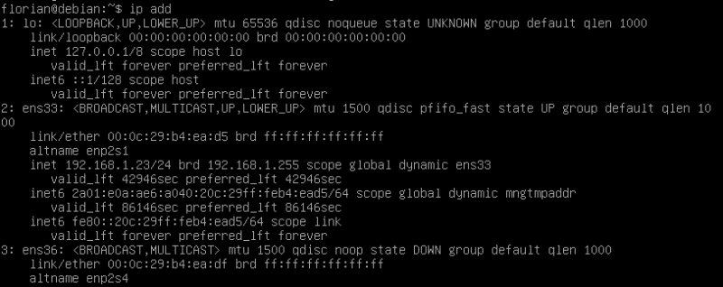 Sortie de la commande ip add