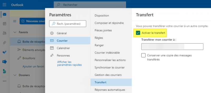 Activer le transfert automatique des e-mails via l'interface Outlook