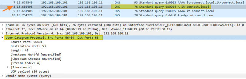 Wireshark : présence d'un en-tête UDP dans les paquets DNS