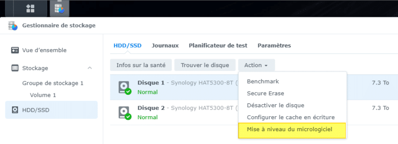 Synology - Mise à jour du firmware du disque dur via DSM