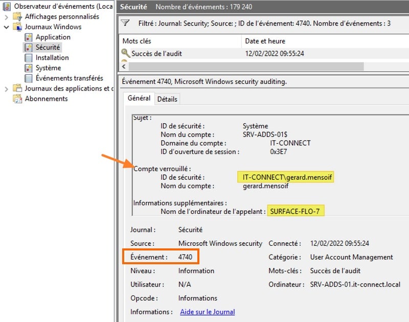 Audit événement 4740 compte verrouillé