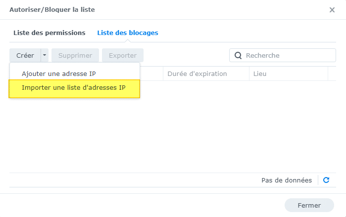 Importer liste adresses IP à bannir sur Synology