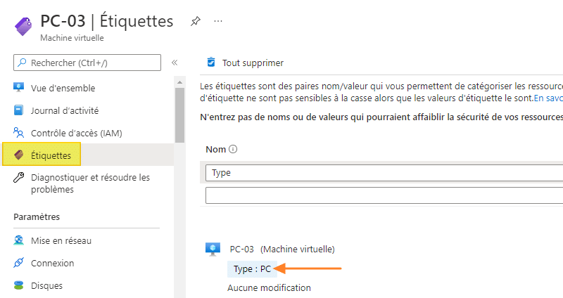 Exemple d'un tag sur une VM Azure