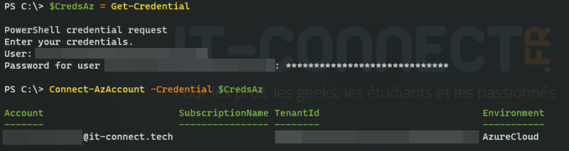 Connect-AzAccount avec identifiants