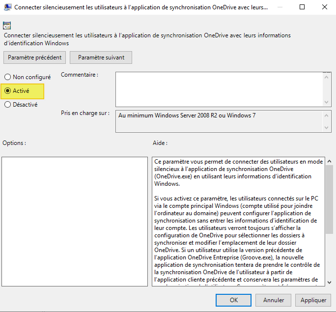 Connecter silencieusement les utilisateurs à l'application de synchronisation OneDrive avec leurs informations d'identification Windows