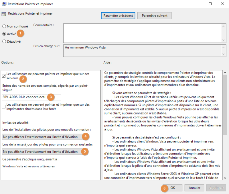 Restrictions Pointer et imprimer