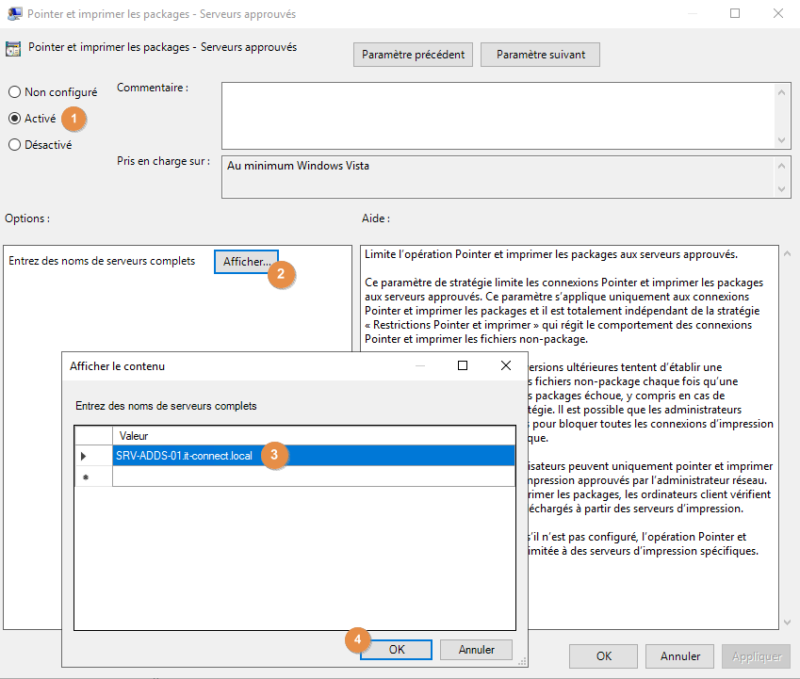 Pointer et imprimer les packages - Serveurs approuvés