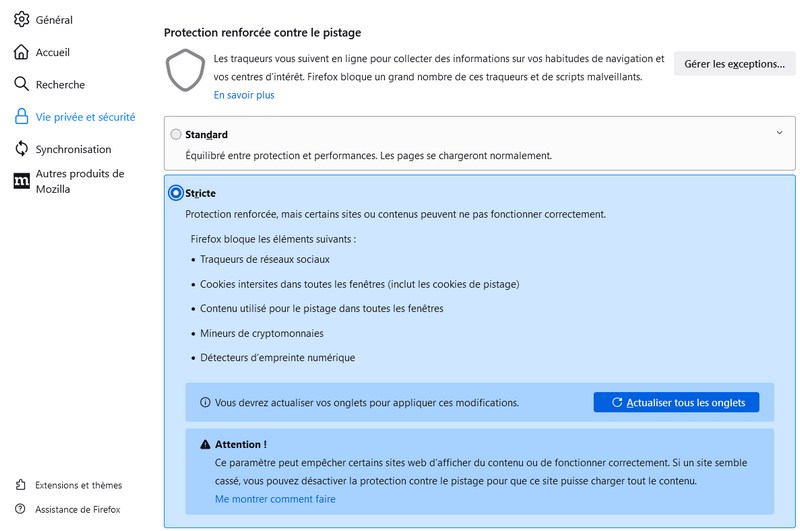 Firefox 102 Suppression des paramètres de requête