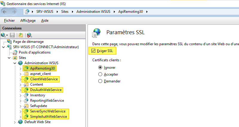 Activer le SSL pour WSUS dans les options IIS