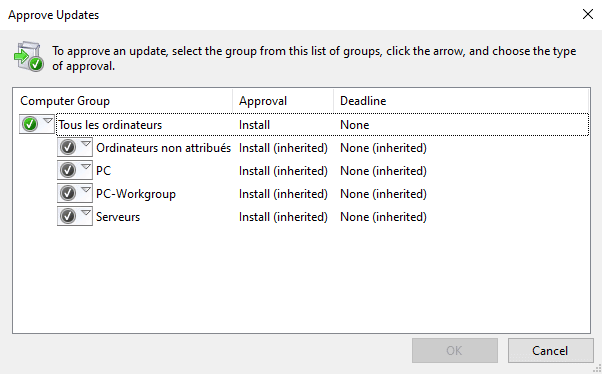 Approuver une mise à jour WSUS pour certains groupes