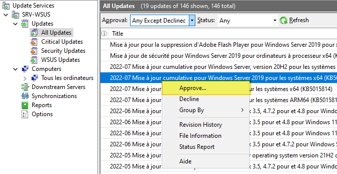 Approuver une mise à jour dans WSUS