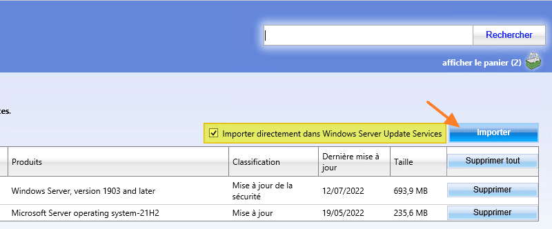 Importer depuis le catalogue Microsoft Update
