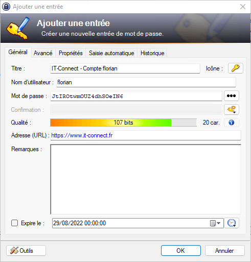 KeePass - Ajouter une entrée
