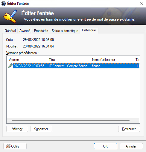 KeePass - Historique d'une entrée