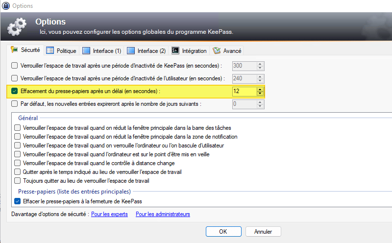 KeePass - Options du presse-papier