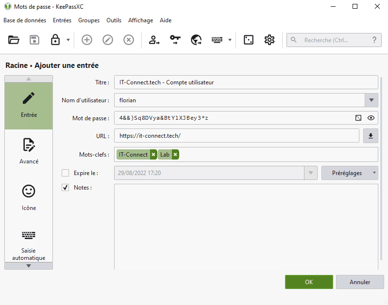 KeePassXC - Exemple d'une entrée