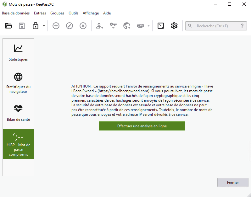 KeePassXC - Vérification I Have Been Pwned