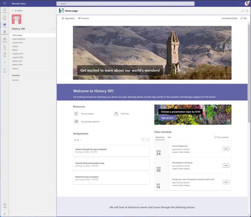 Microsoft Teams Education - Nouvelle page d'accueil des équipes